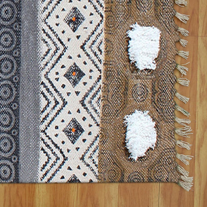 Thread Work Geometric Black Brown Sea House Cotton Dhurries - Indian Rug Store