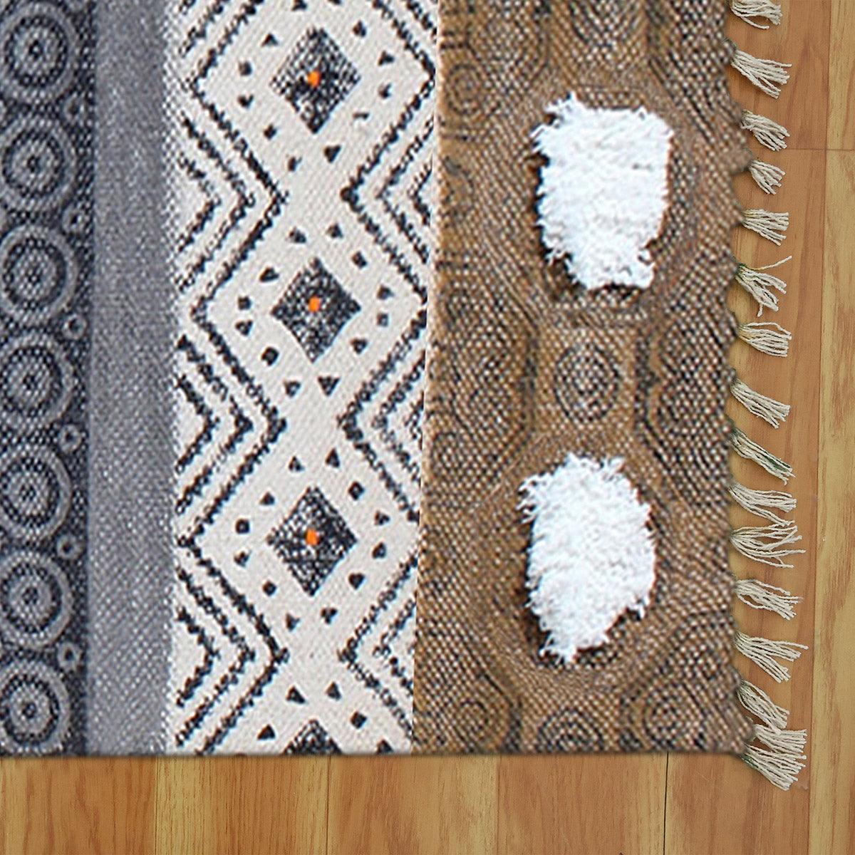 Thread Work Geometric Black Brown Living Area Cotton Dhurries - Indian Rug Store