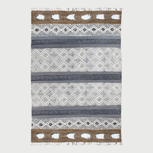 Thread Work Geometric Black Brown Home Decor Cotton Dhurries - Indian Rug Store