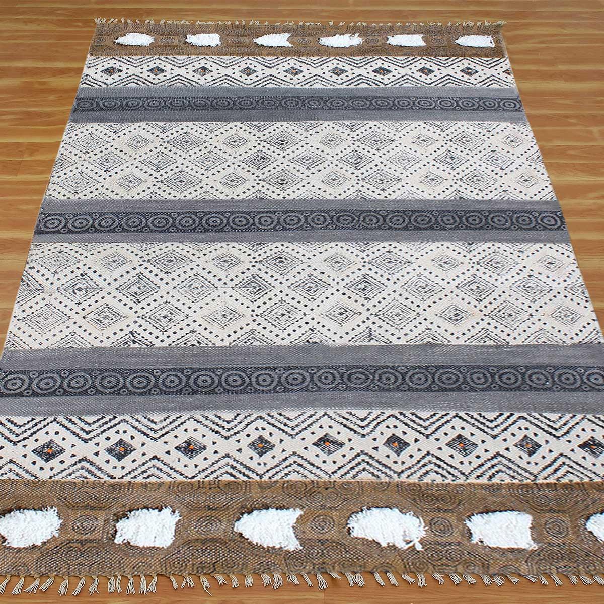 Thread Work Geometric Black Brown Home Decor Cotton Dhurries - Indian Rug Store