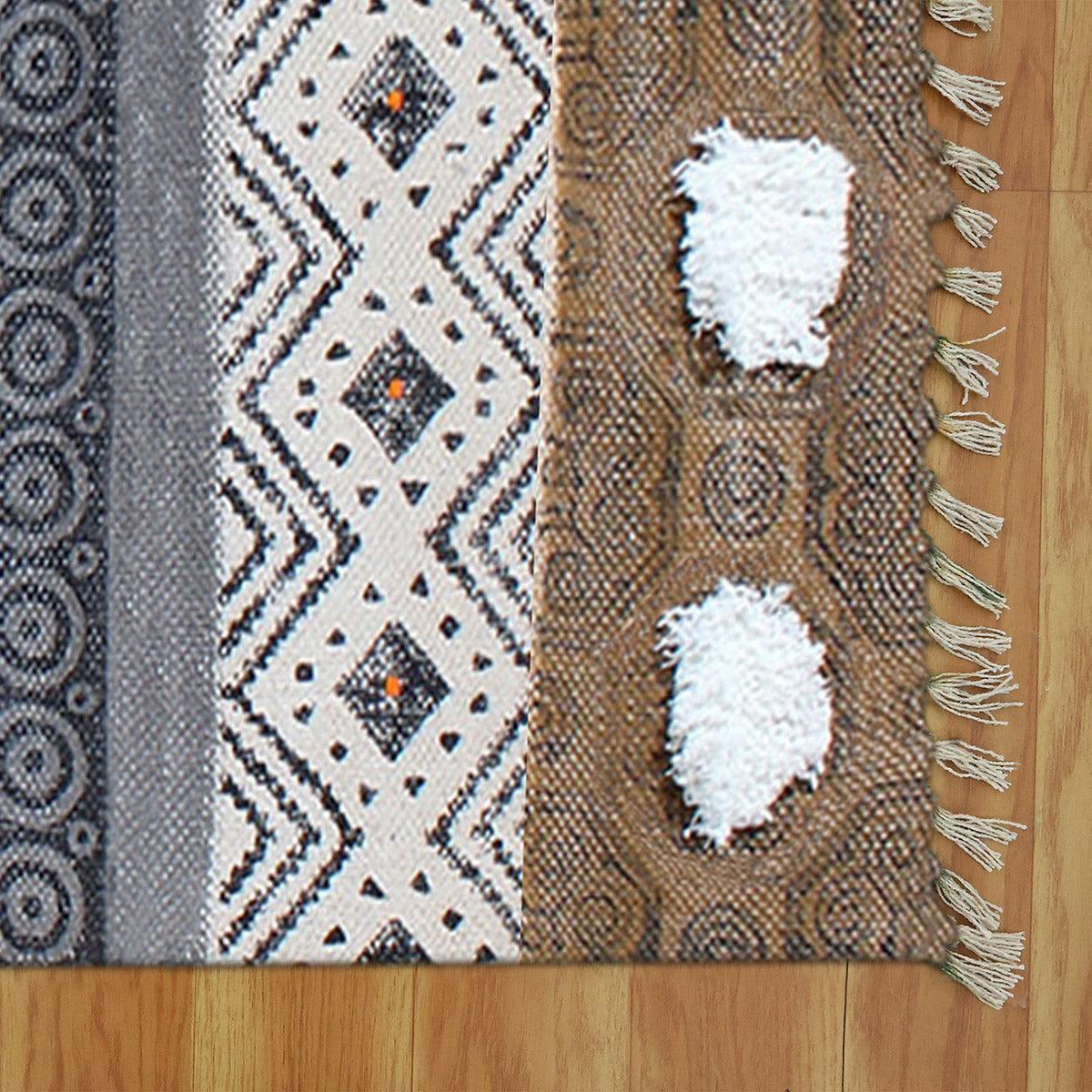 Thread Work Geometric Black Brown Home Decor Cotton Dhurries - Indian Rug Store