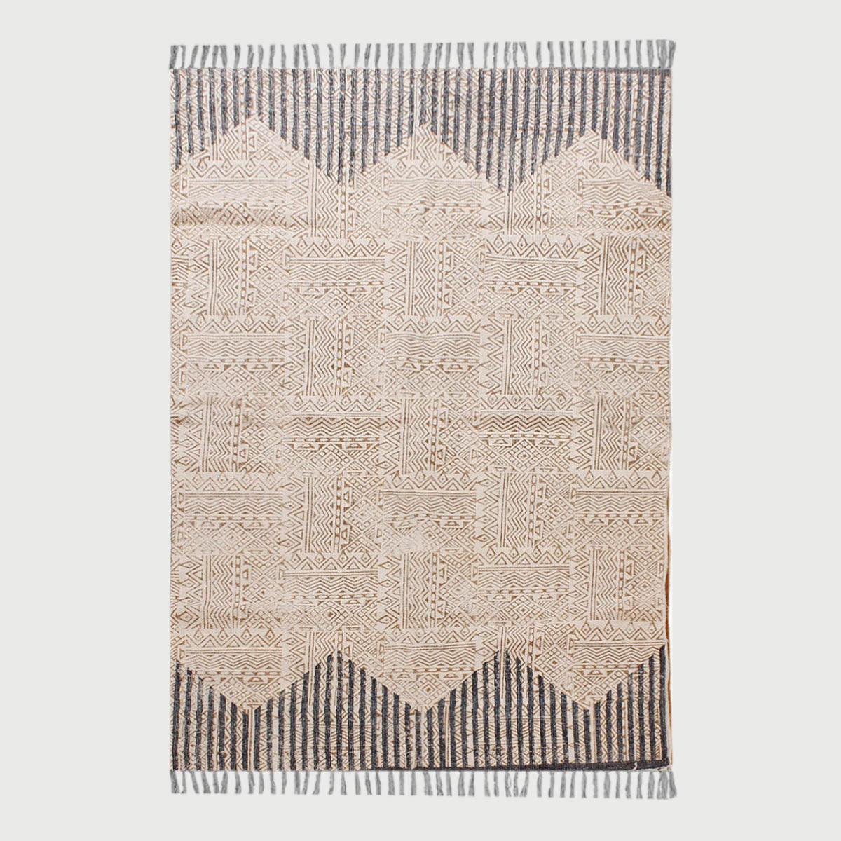 Hand Block Print Striped Beige Blue Farmhouse Cotton Rug - Indian Rug Store