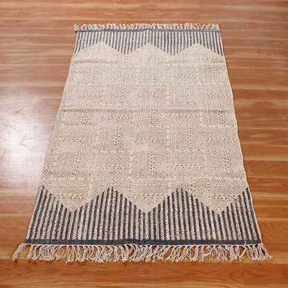 Hand Block Print Striped Beige Blue Farmhouse Cotton Rug - Indian Rug Store