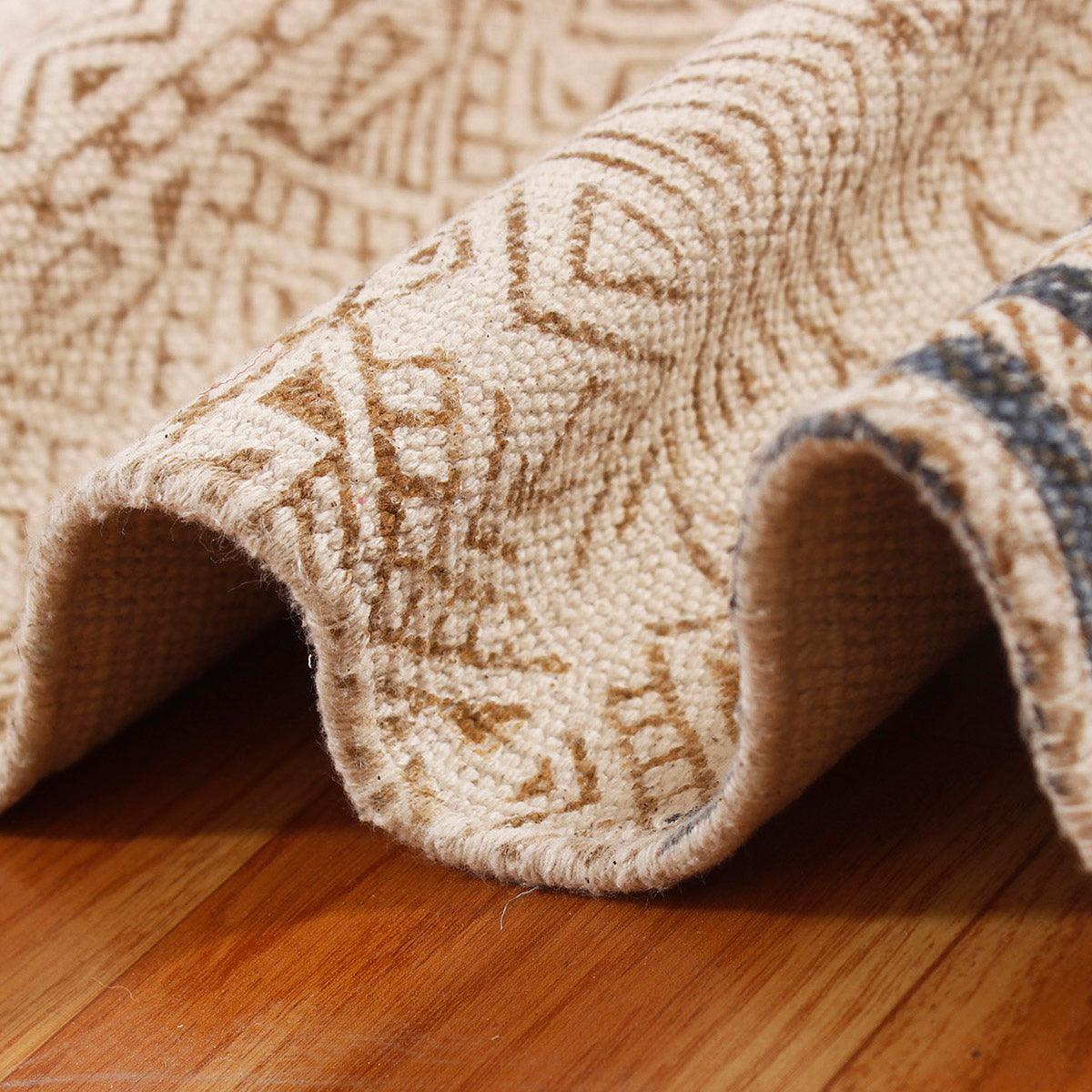 Hand Block Print Striped Beige Blue Farmhouse Cotton Rug - Indian Rug Store