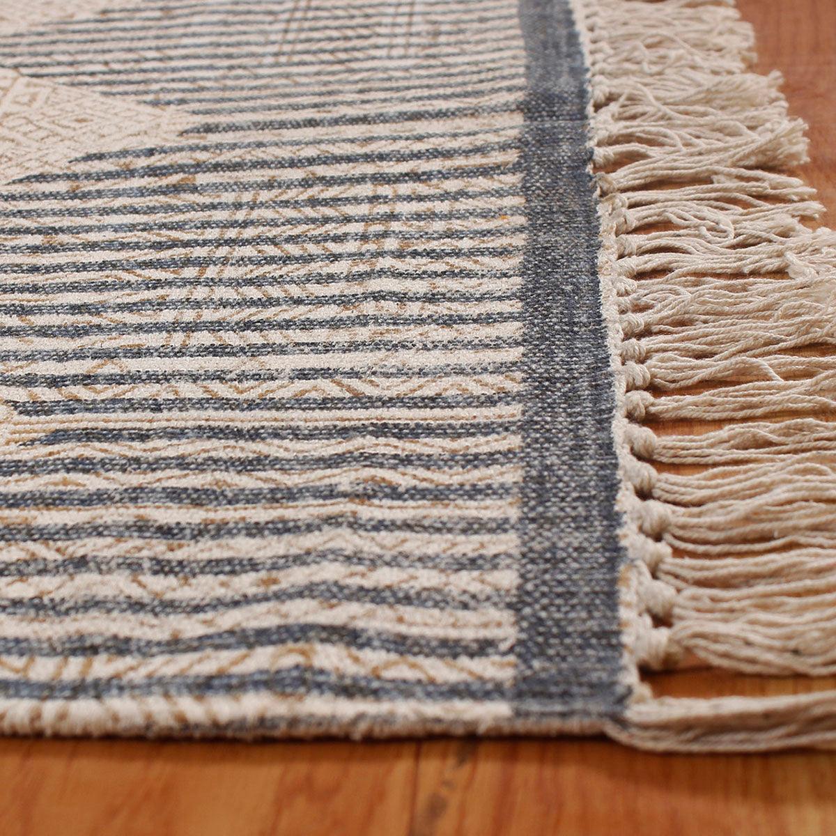 Hand Block Print Striped Beige Blue Farmhouse Cotton Rug - Indian Rug Store