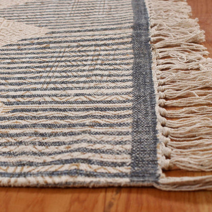 Hand Block Print Striped Beige Blue Farmhouse Cotton Rug - Indian Rug Store