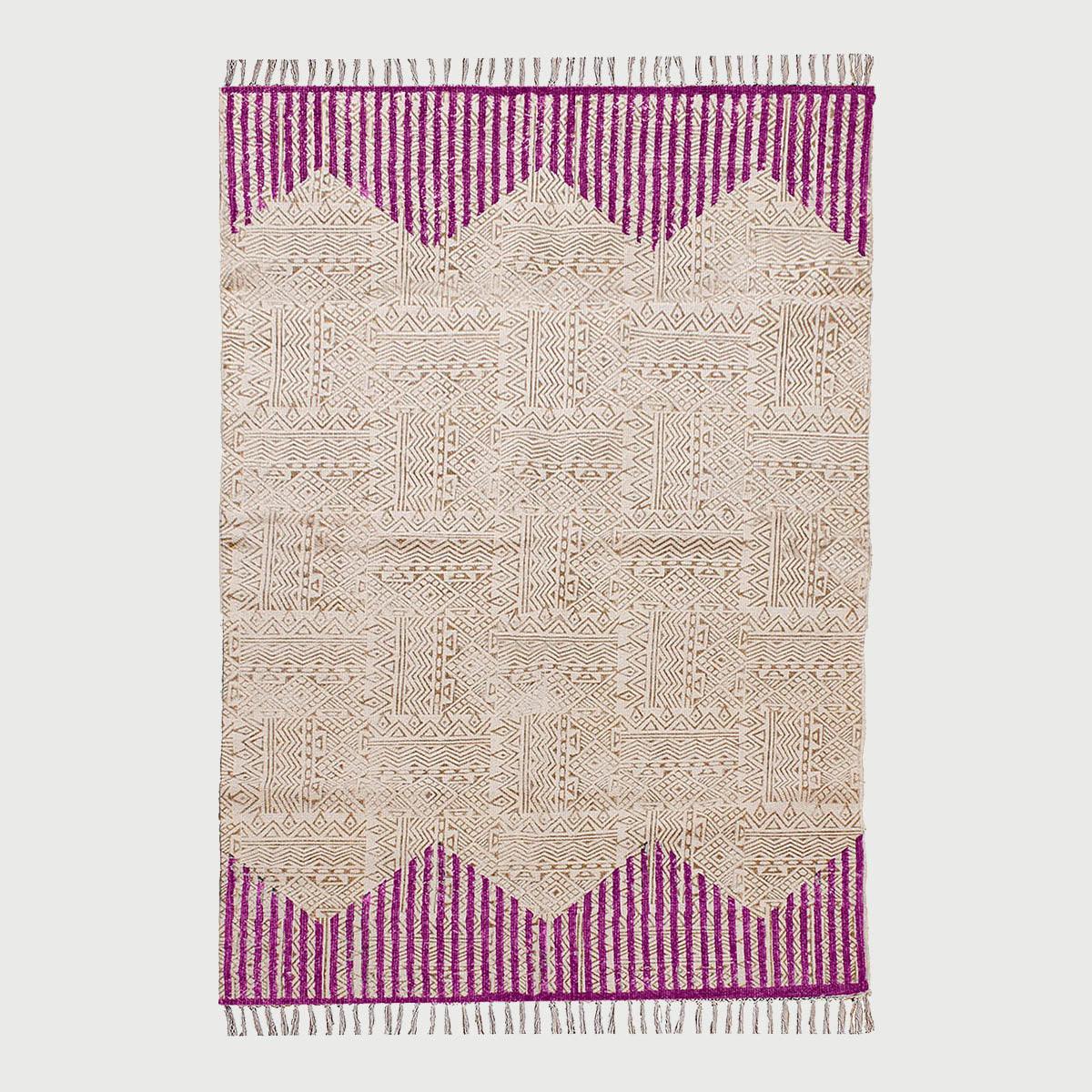 Hand Block Print Striped Beige Pink Farmhouse Cotton Rug - Indian Rug Store