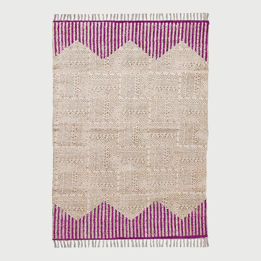 Hand Block Print Striped Beige Pink Farmhouse Cotton Rug - Indian Rug Store