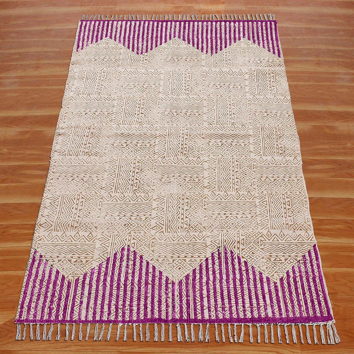 Hand Block Print Striped Beige Pink Farmhouse Cotton Rug - Indian Rug Store