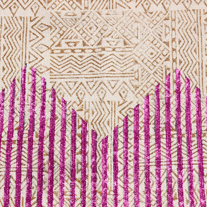 Hand Block Print Striped Beige Pink Farmhouse Cotton Rug - Indian Rug Store