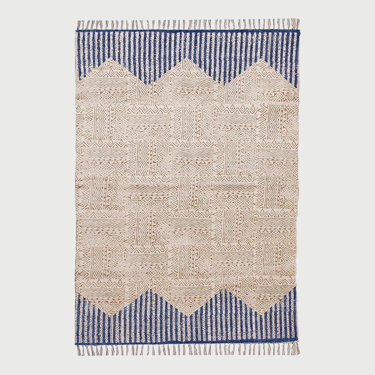 Hand Block Print Striped Beige Blue Farmhouse Cotton Rug - Indian Rug Store