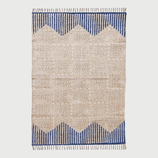 Hand Block Print Striped Beige Blue Farmhouse Cotton Rug - Indian Rug Store