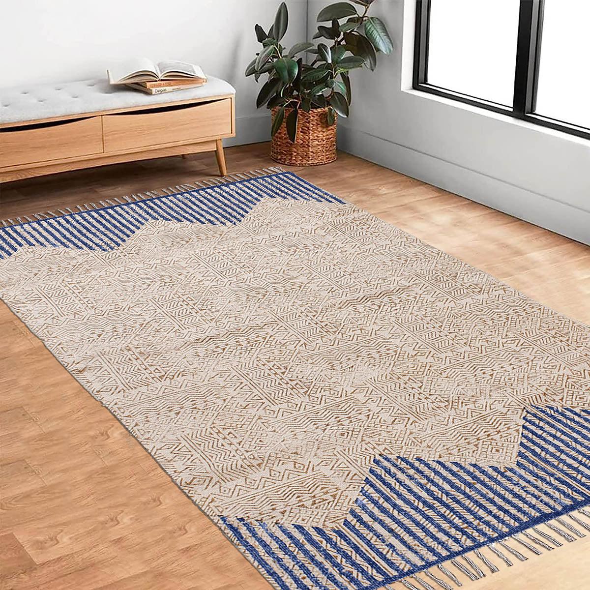 Hand Block Print Striped Beige Blue Farmhouse Cotton Rug - Indian Rug Store