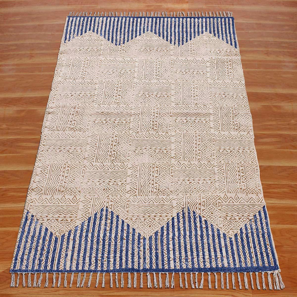 Hand Block Print Striped Beige Blue Farmhouse Cotton Rug - Indian Rug Store