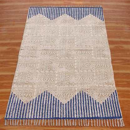 Hand Block Print Striped Beige Blue Farmhouse Cotton Rug - Indian Rug Store