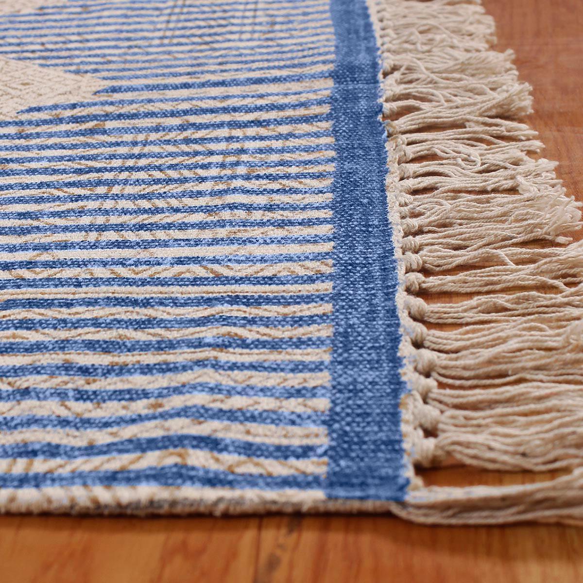 Hand Block Print Striped Beige Blue Farmhouse Cotton Rug - Indian Rug Store