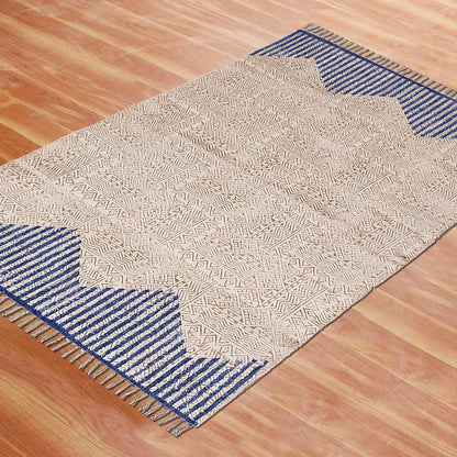 Hand Block Print Striped Beige Blue Farmhouse Cotton Rug - Indian Rug Store