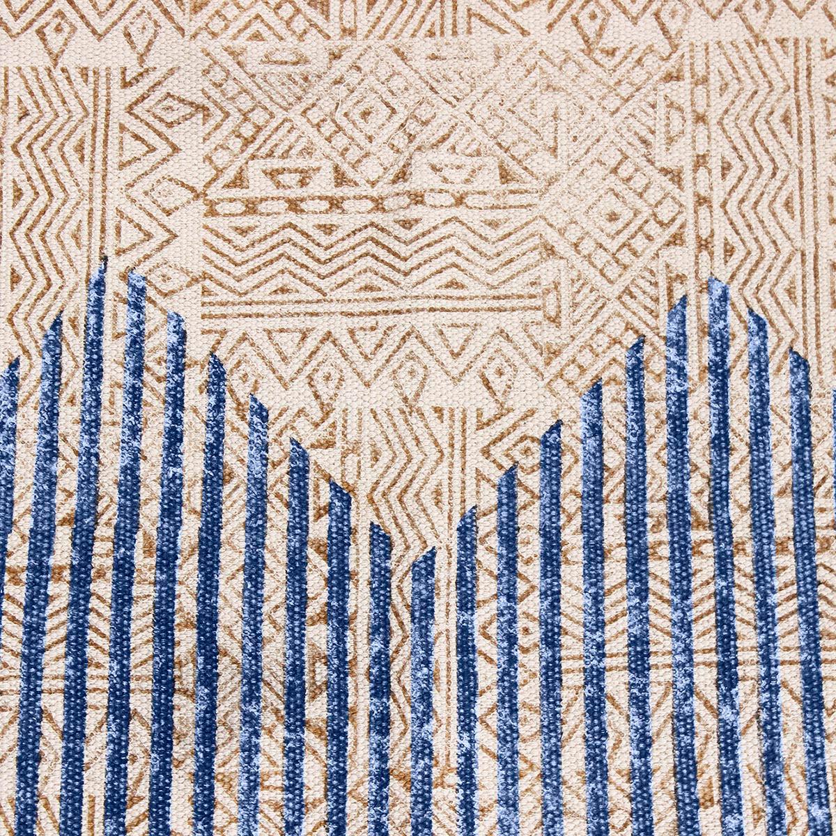 Hand Block Print Striped Beige Blue Farmhouse Cotton Rug - Indian Rug Store