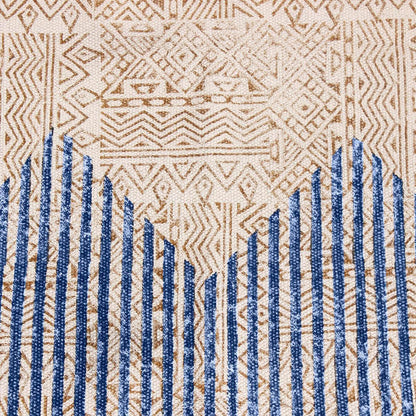 Hand Block Print Striped Beige Blue Farmhouse Cotton Rug - Indian Rug Store