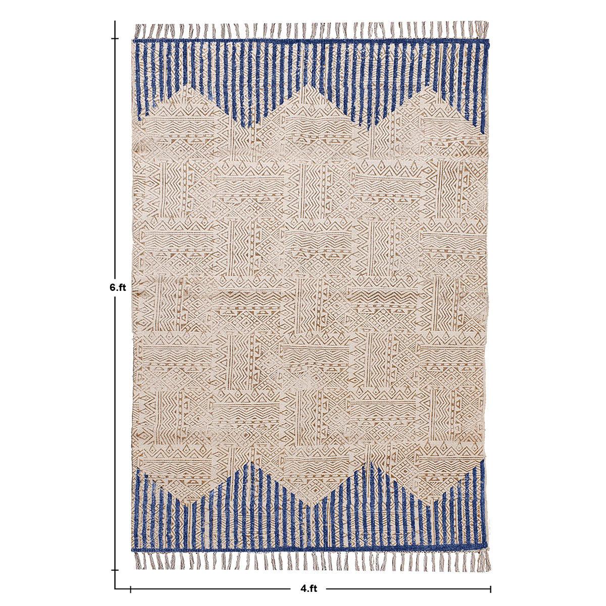 Hand Block Print Striped Beige Blue Farmhouse Cotton Rug - Indian Rug Store