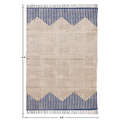 Hand Block Print Striped Beige Blue Farmhouse Cotton Rug - Indian Rug Store