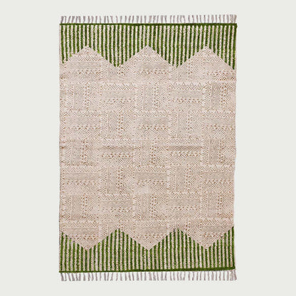 Hand Block Print Striped Green Beige Farmhouse Cotton Rug - Indian Rug Store