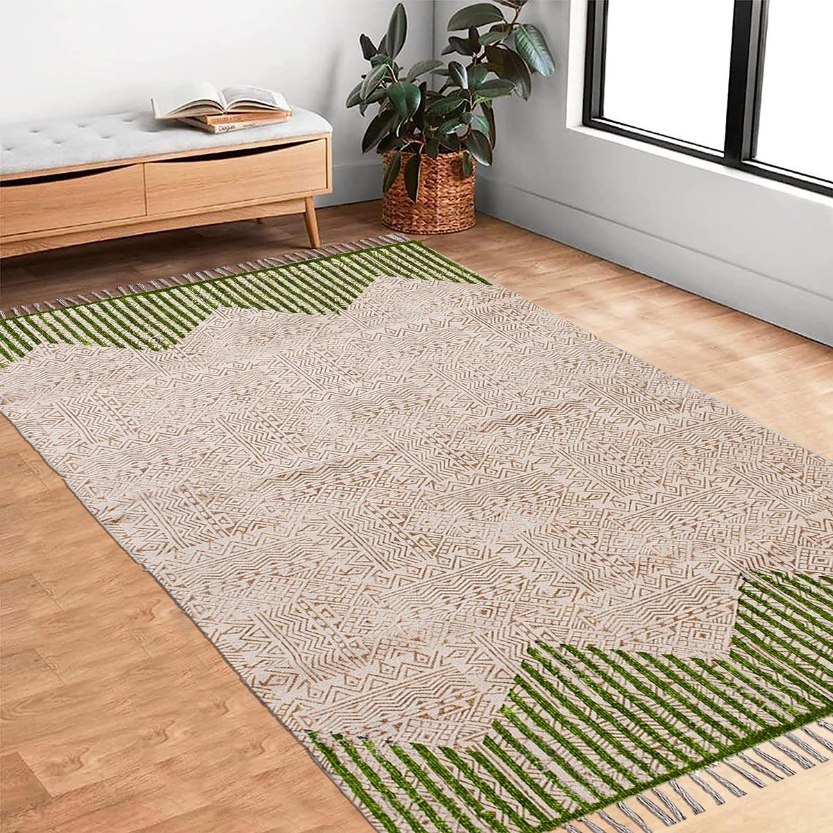 Hand Block Print Striped Green Beige Farmhouse Cotton Rug - Indian Rug Store