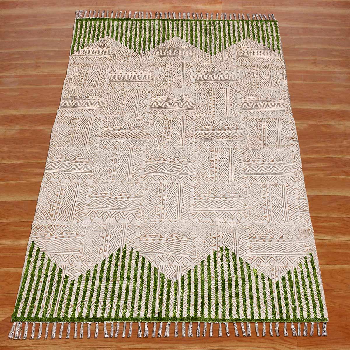 Hand Block Print Striped Green Beige Farmhouse Cotton Rug - Indian Rug Store