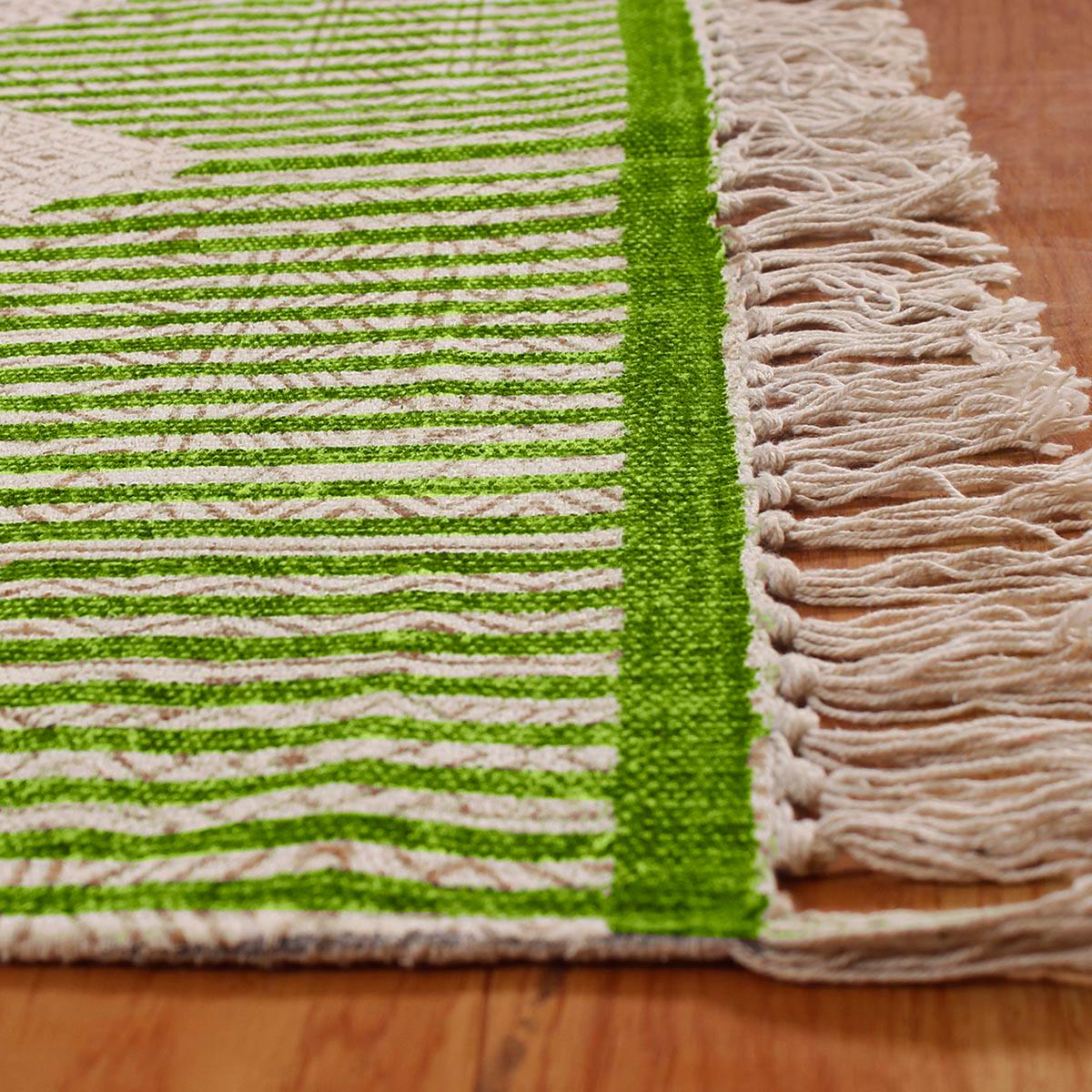 Hand Block Print Striped Green Beige Farmhouse Cotton Rug - Indian Rug Store