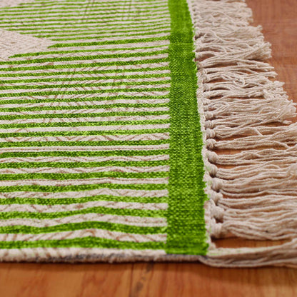 Hand Block Print Striped Green Beige Farmhouse Cotton Rug - Indian Rug Store