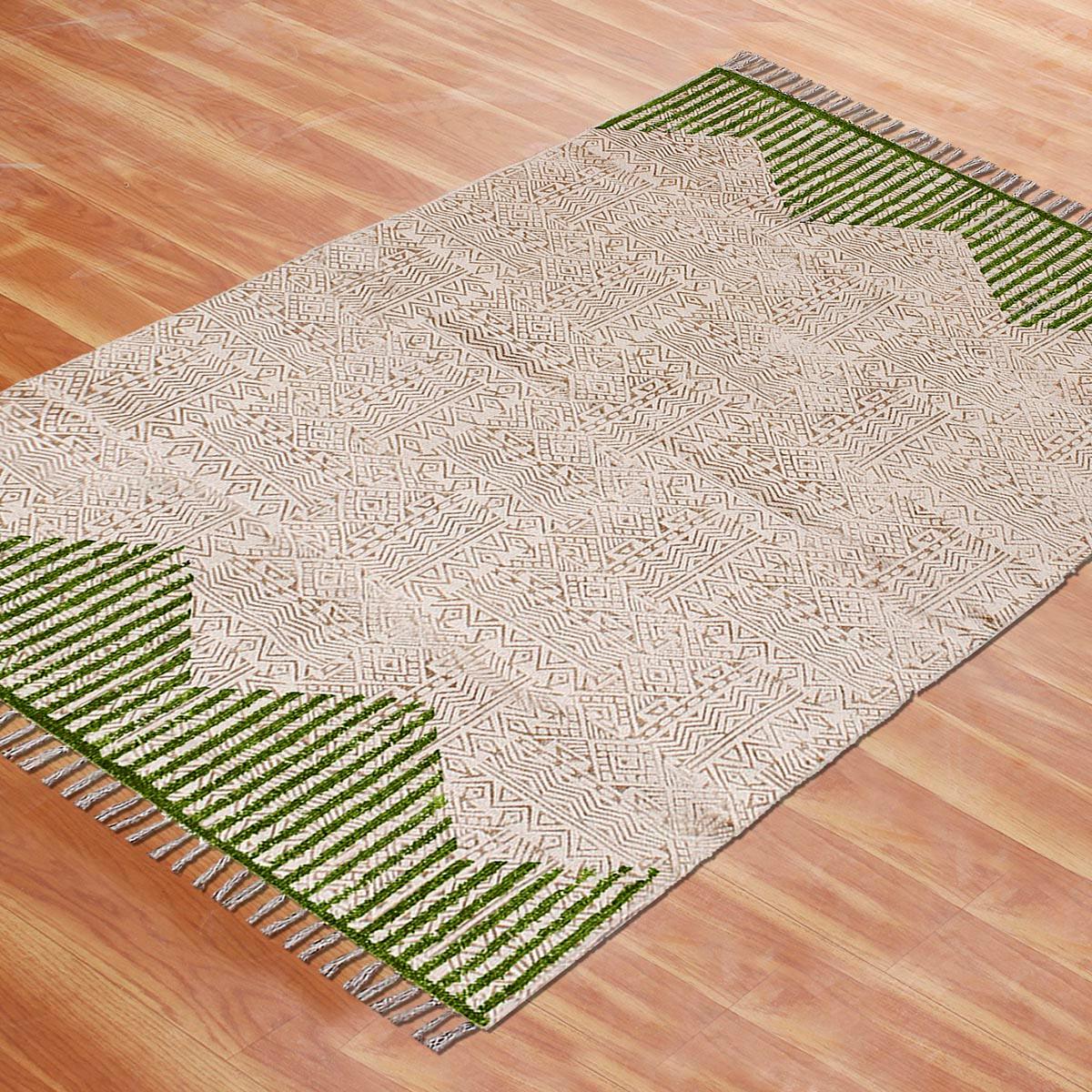 Hand Block Print Striped Green Beige Farmhouse Cotton Rug - Indian Rug Store