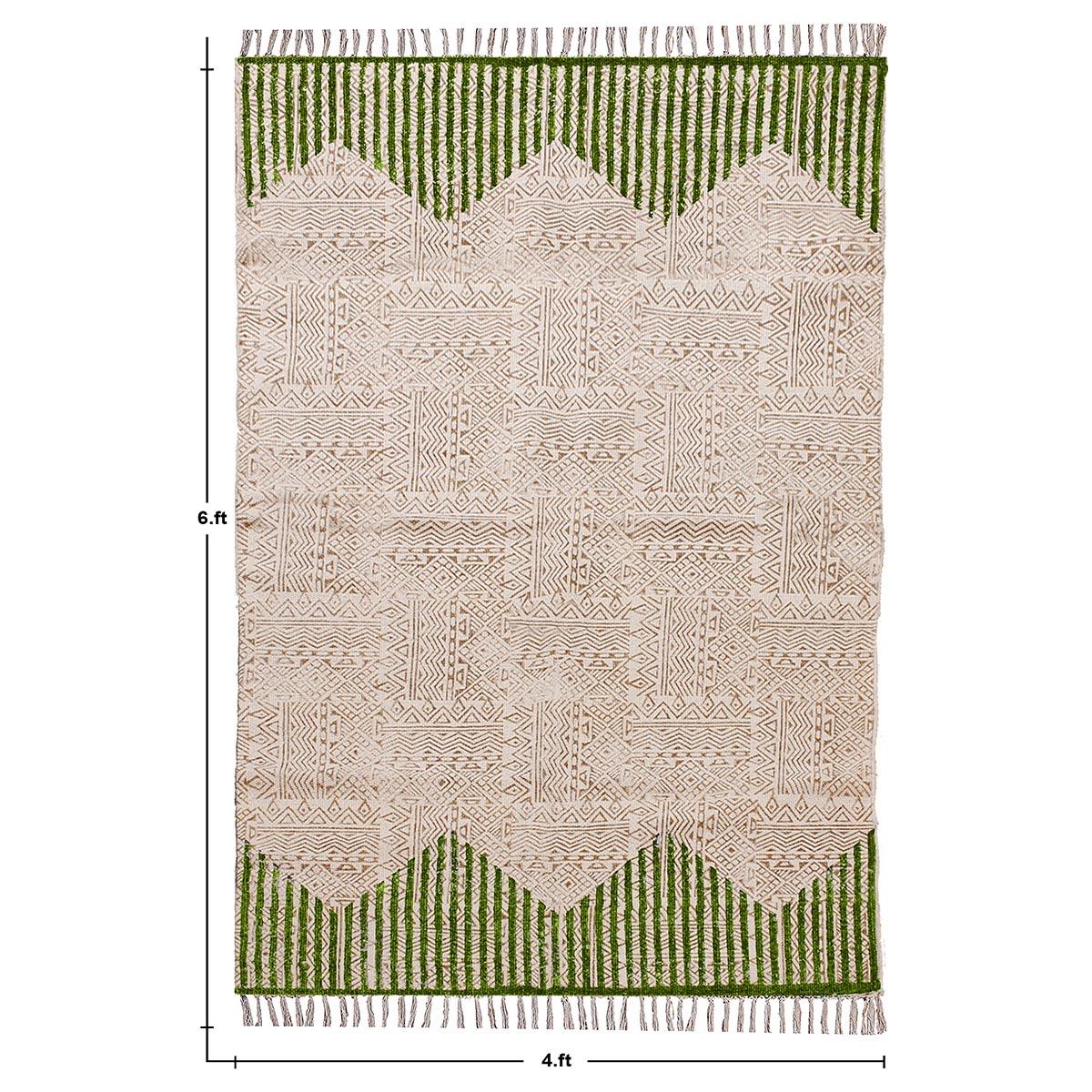 Hand Block Print Striped Green Beige Farmhouse Cotton Rug - Indian Rug Store