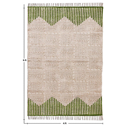 Hand Block Print Striped Green Beige Farmhouse Cotton Rug - Indian Rug Store