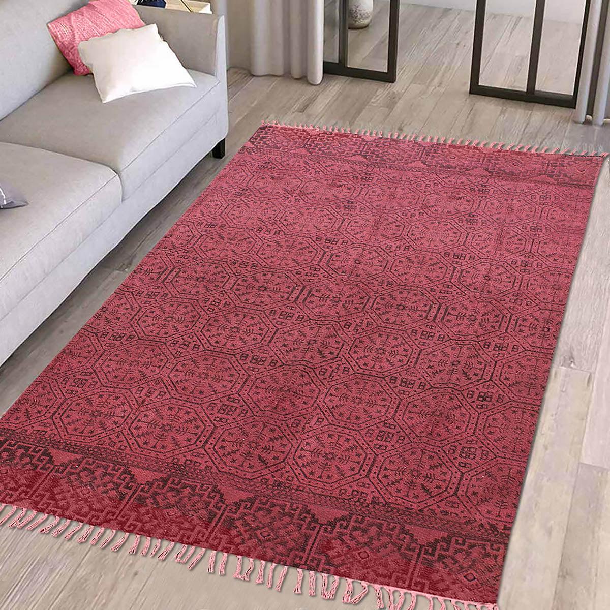 Thread Work Geometric Red Black Outdoor Cotton Dhurries - Indian Rug Store