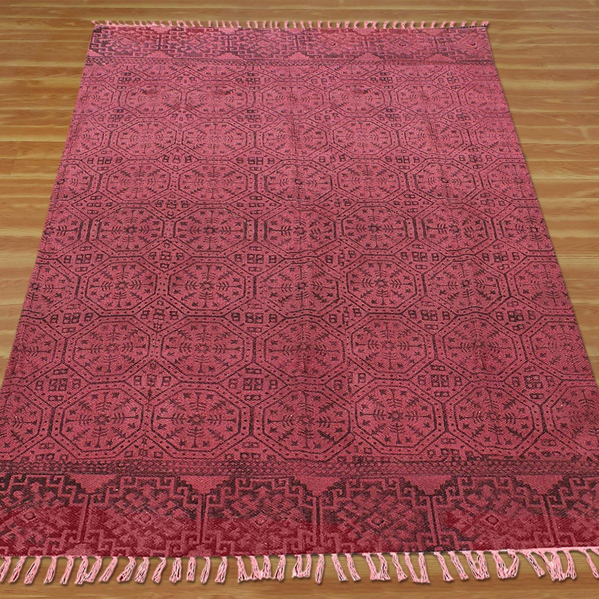 Thread Work Geometric Red Black Outdoor Cotton Dhurries - Indian Rug Store