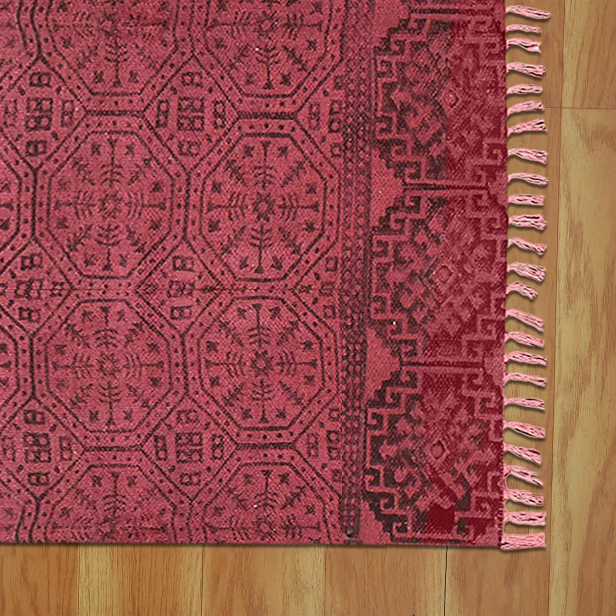 Thread Work Geometric Red Black Outdoor Cotton Dhurries - Indian Rug Store