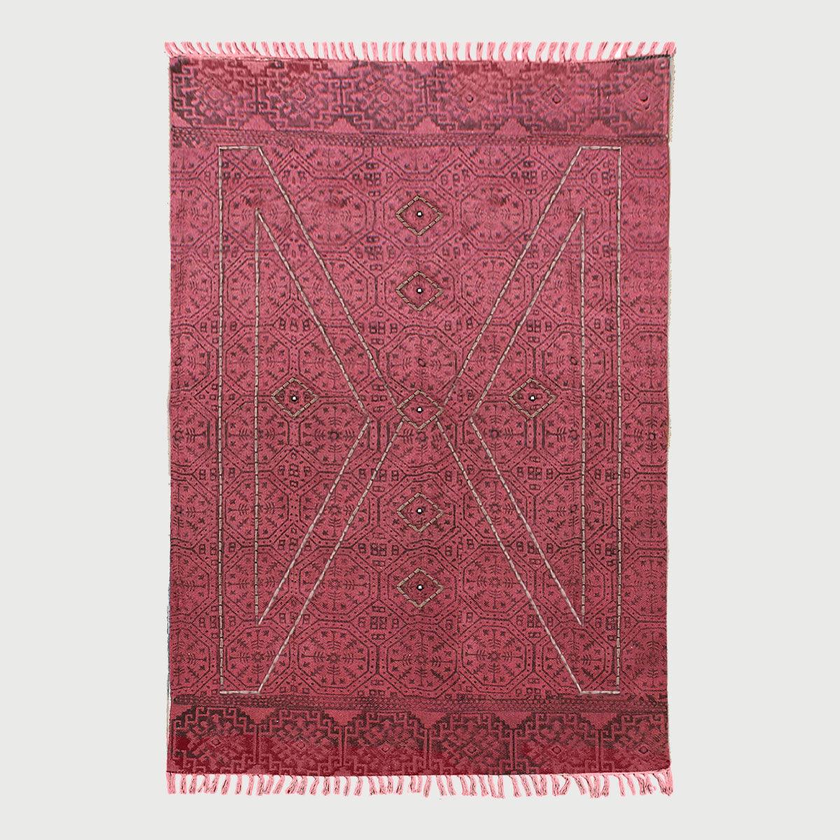 Thread Work Geometric Red Black Indoor Cotton Dhurries - Indian Rug Store