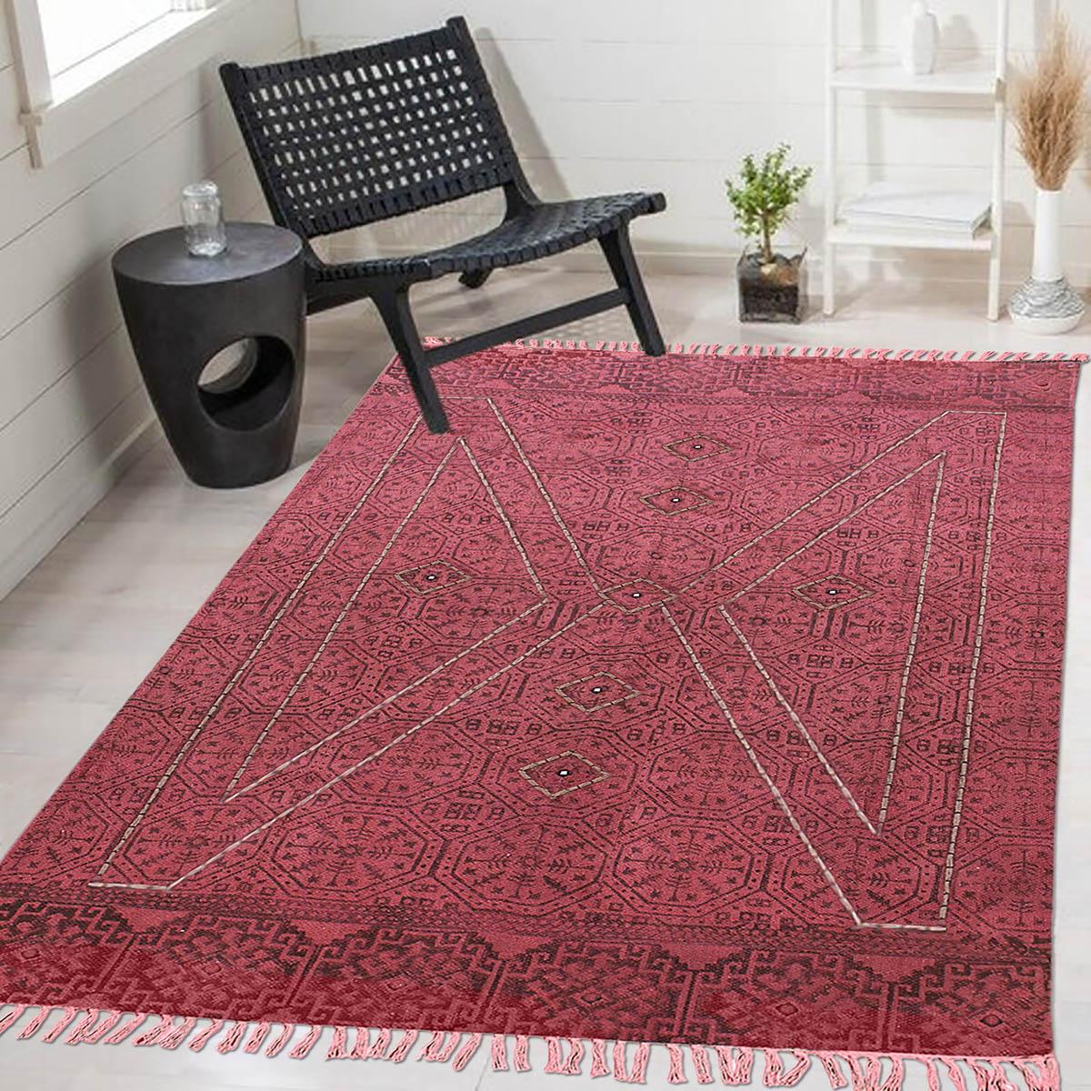 Thread Work Geometric Red Black Indoor Cotton Dhurries - Indian Rug Store