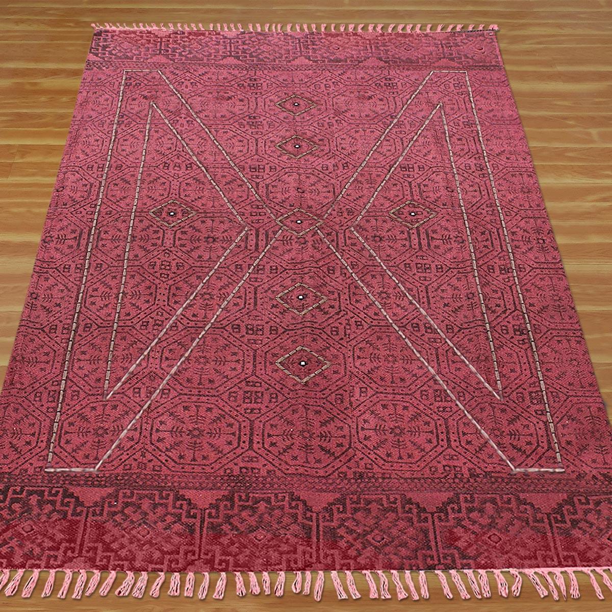 Thread Work Geometric Red Black Indoor Cotton Dhurries - Indian Rug Store