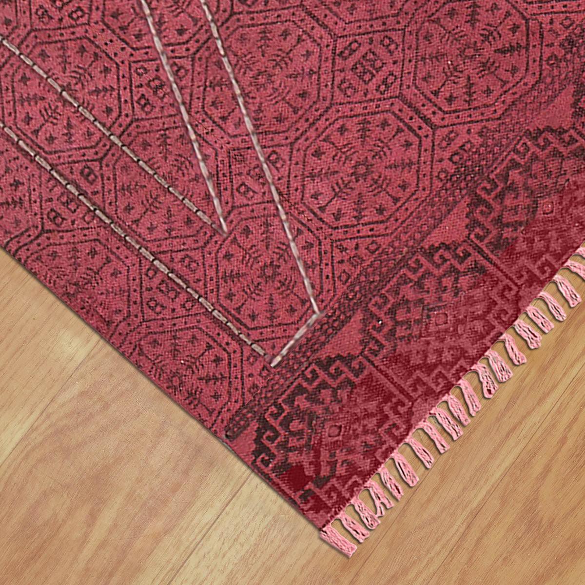 Thread Work Geometric Red Black Indoor Cotton Dhurries - Indian Rug Store