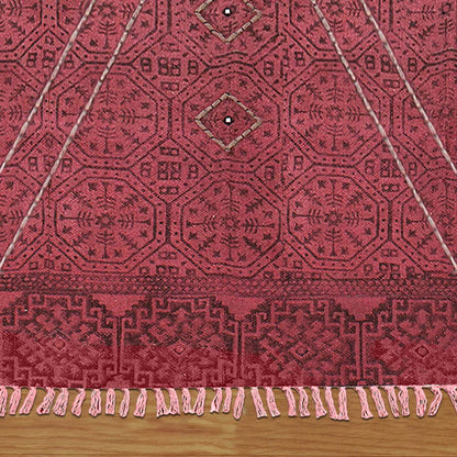 Thread Work Geometric Red Black Indoor Cotton Dhurries - Indian Rug Store