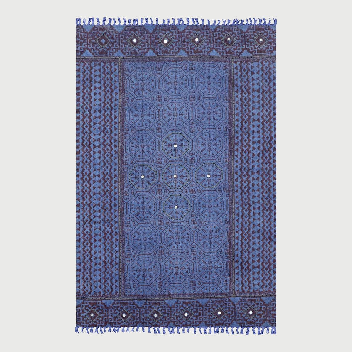 Thread Work Bordered Black Blue Interior Decor Cotton Dhurries - Indian Rug Store