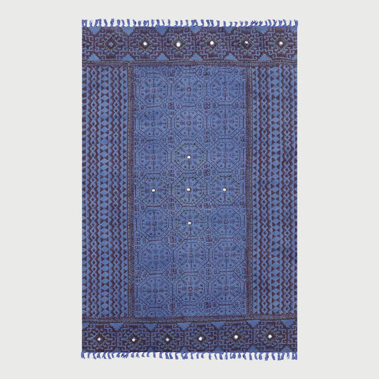 Thread Work Bordered Black Blue Interior Decor Cotton Dhurries - Indian Rug Store