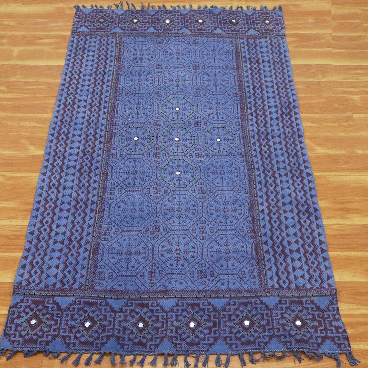 Thread Work Bordered Black Blue Interior Decor Cotton Dhurries - Indian Rug Store