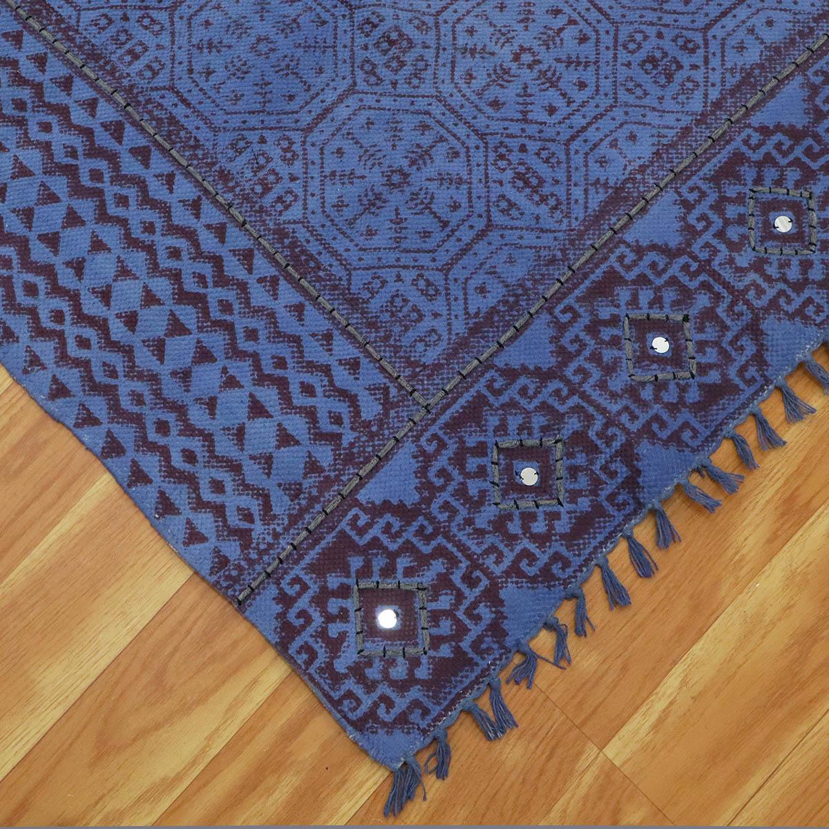 Thread Work Bordered Black Blue Interior Decor Cotton Dhurries - Indian Rug Store