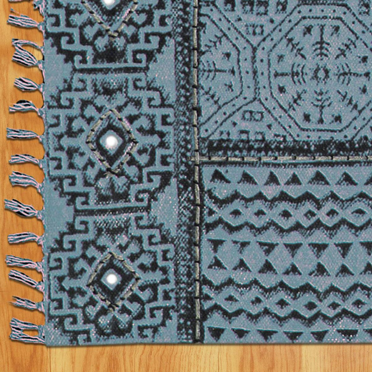 Thread Work Bordered Black Gray Interior Decor Cotton Dhurries - Indian Rug Store