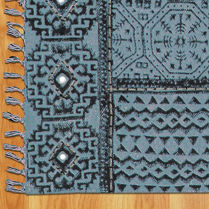 Thread Work Bordered Black Gray Interior Decor Cotton Dhurries - Indian Rug Store