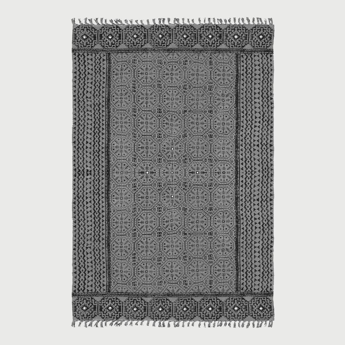 Thread Work Bordered Black Gray Living Area Cotton Dhurries - Indian Rug Store