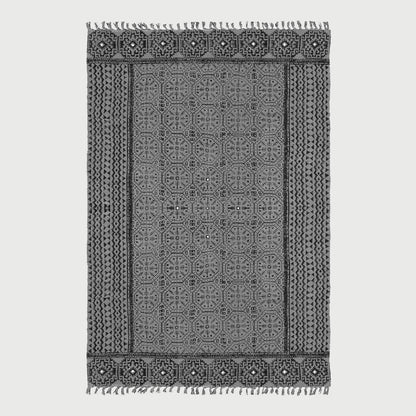 Thread Work Bordered Black Gray Living Area Cotton Dhurries - Indian Rug Store