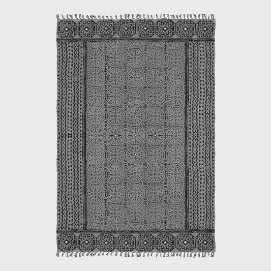 Thread Work Bordered Black Gray Living Area Cotton Dhurries - Indian Rug Store